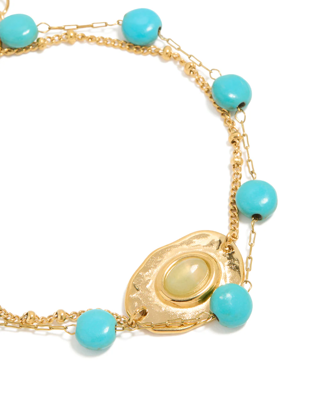 Waterproof Gold Plated Stainless Steel Disc Turquoise Semi Precious Stone & Green Stone Bracelets 2-Pack - Image 4