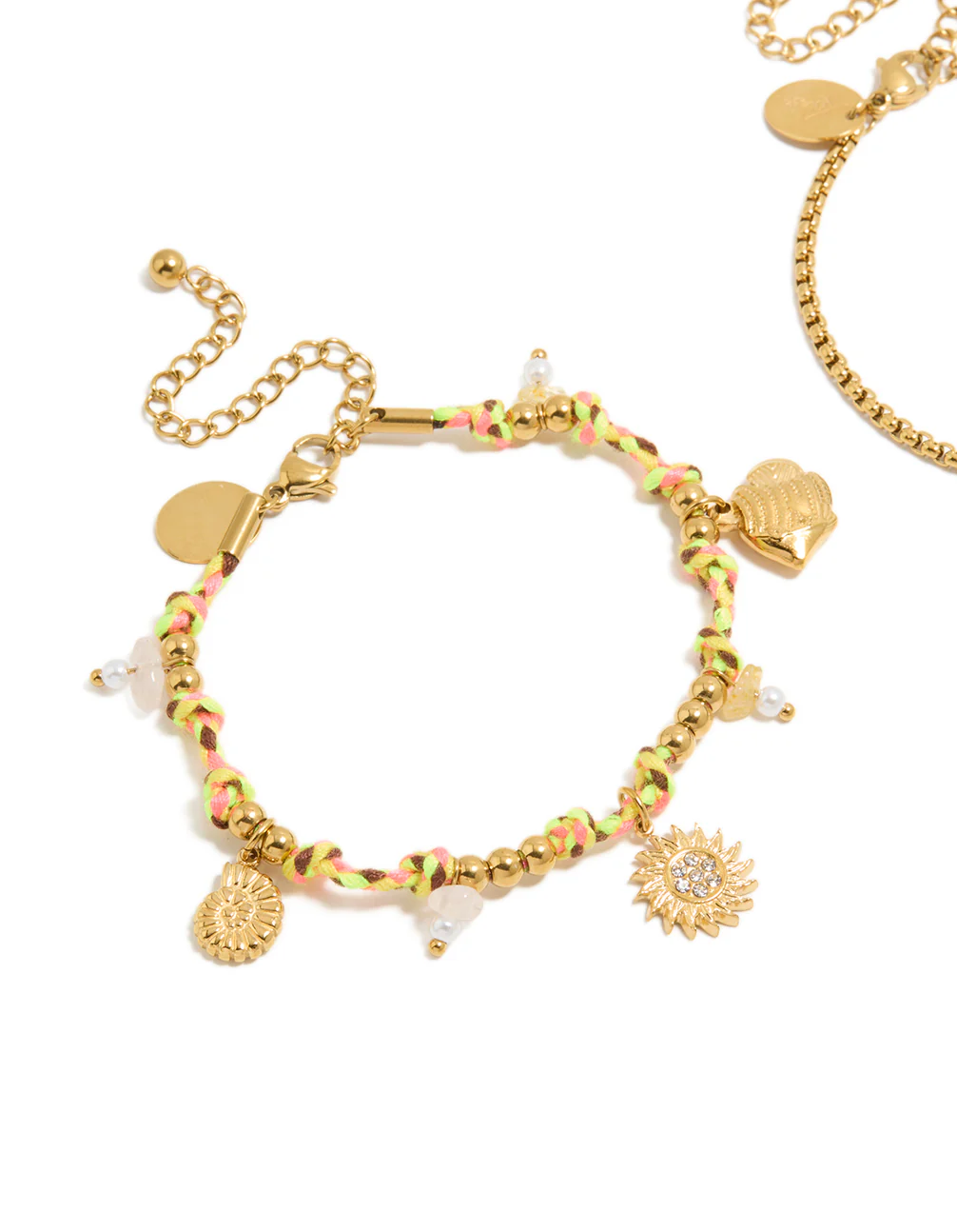 Waterproof Gold Plated Stainless Steel Freshwater Pearl & Multicoloured Cord Charm Bracelets 2-Pack - Image 4